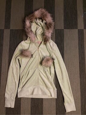 Vintage Juicy Couture Lime Green Zip Hoodie with Faux Fur Trim